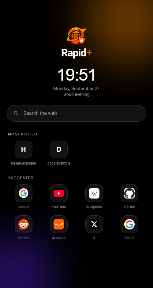 Rapid+ start page, dark theme